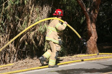 Lake Forest, CA - USA -November 6, 2022: Arson Fire set in the brush of a Bike Path in Orange County California. Fire, and Police responded to quickly extinguish the flames and protect properties