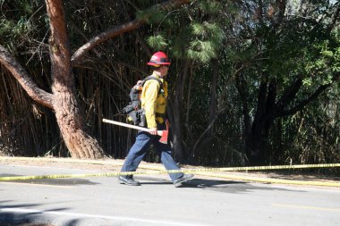 Lake Forest, CA - USA -November 6, 2022: Arson Fire set in the brush of a Bike Path in Orange County California. Fire, and Police responded to quickly extinguish the flames and protect properties