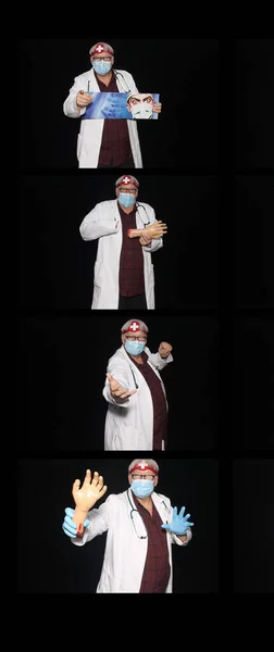 Lékař Přátelský Laskavý Doktor Usměje Když Stojí Plakátem Portrétem Černém — Stock fotografie