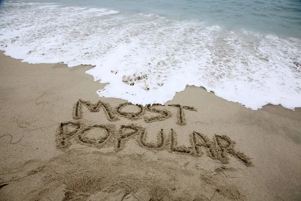 Most Popular Written Sand Beach Message Handwritten Smooth Sand Beach — Stock fotografie