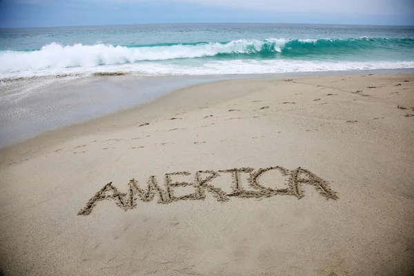 America Written Sand Beach Message Handwritten Smooth Sand Beach — Photo