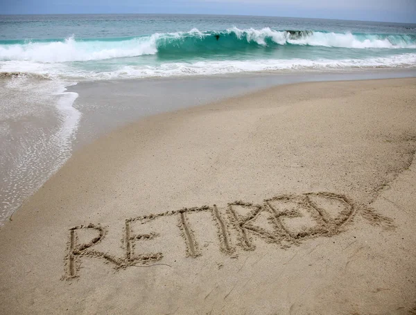 Retired Retired Written Sand Beach Message Handwritten Smooth Sand Beach — стоковое фото