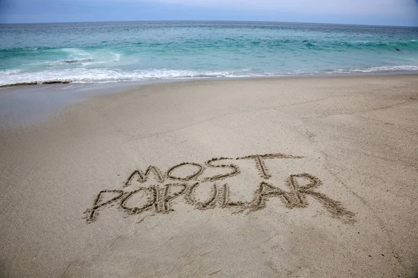 Most Popular Written Sand Beach Message Handwritten Smooth Sand Beach — Fotografia de Stock