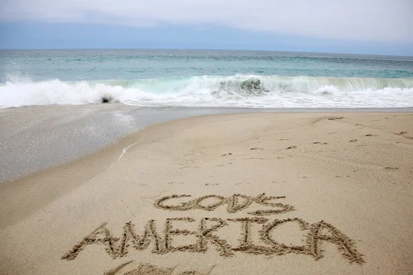 God America Smile Written Sand Beach Message Handwritten Smooth Sand — Stock Photo, Image