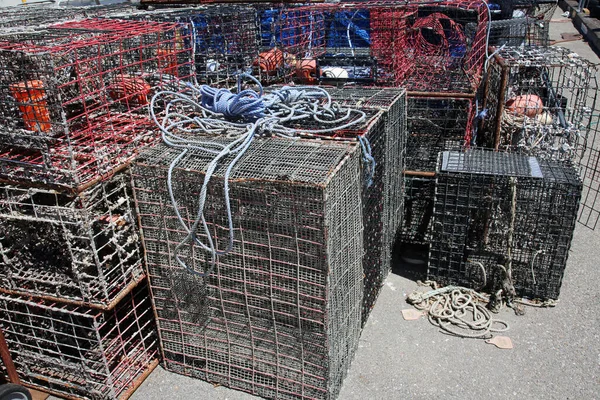 螃蟹口 渔人螃蟹塘 螃蟹在码头上相互堆积如山 准备装上船并使用的捕鱼设备 — 图库照片