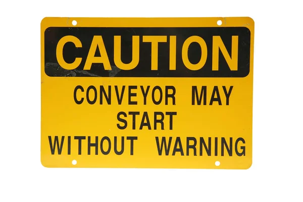 Close Shot Caution Conveyor May Start Warning Isolated White — Stock Photo, Image