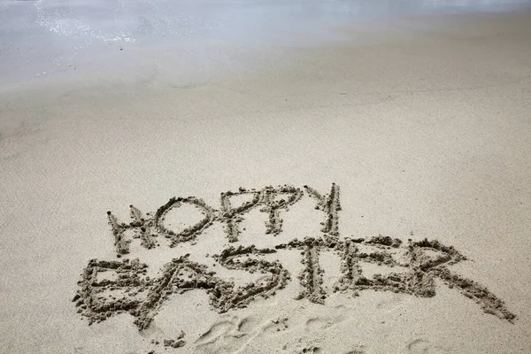 Hoppy Easter Words Hoppy Easter Written Sand Ocean — Foto Stock