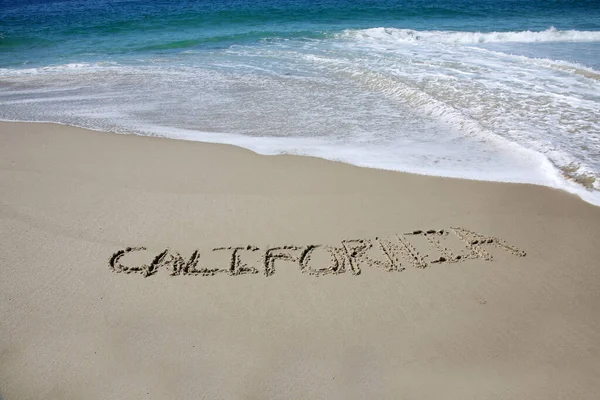 California Written Sand Beach Message Handwritten Smooth Sand Beach — стоковое фото