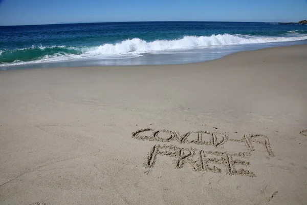 Covid Free Written Sand Beach Message Handwritten Smooth Sand Beach — Stock fotografie