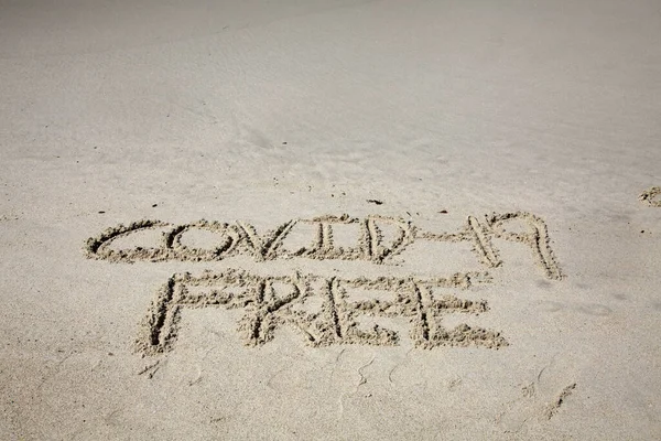 Covid Free Written Sand Beach Message Handwritten Smooth Sand Beach — Stok fotoğraf