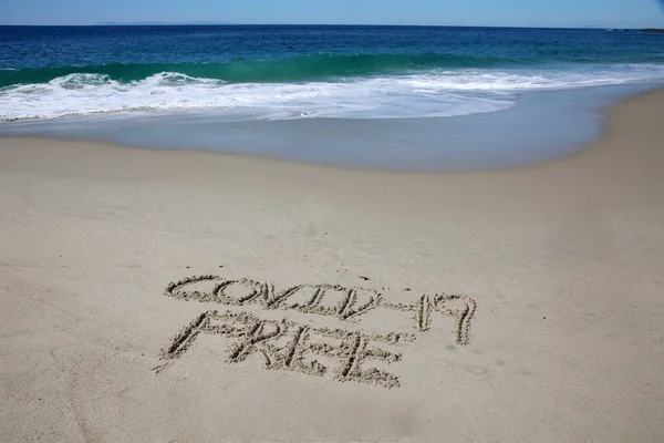 Covid Free Written Sand Beach Message Handwritten Smooth Sand Beach — Fotografia de Stock