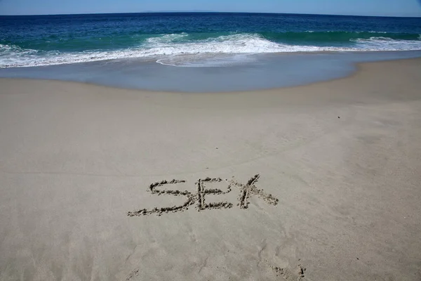Sex Written Sand Beach Message Handwritten Smooth Sand Beach — Stockfoto