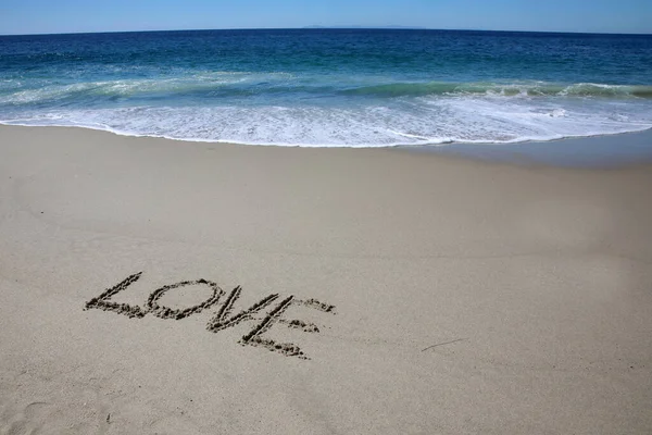Love Written Sand Beach Message Handwritten Smooth Sand Beach — стоковое фото