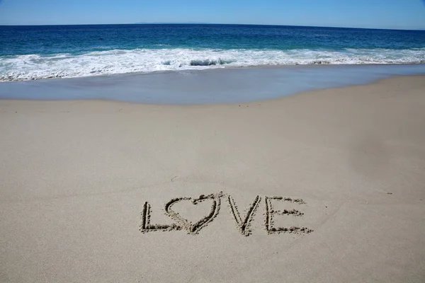 Love Written Sand Beach Message Handwritten Smooth Sand Beach — Fotografia de Stock