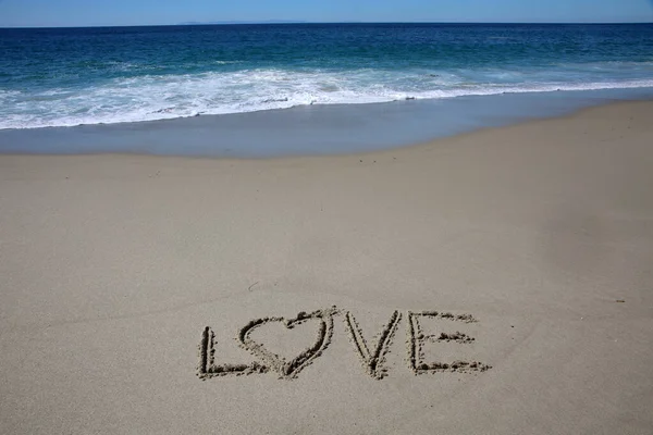 Love Written Sand Beach Message Handwritten Smooth Sand Beach — 图库照片