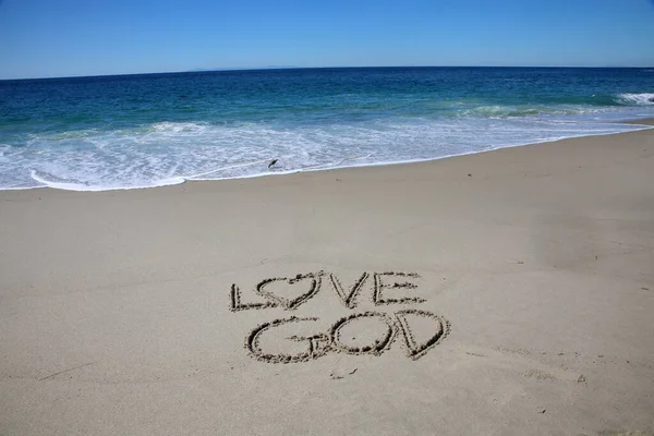 Love God Written Sand Beach Message Handwritten Smooth Sand Beach — Stockfoto