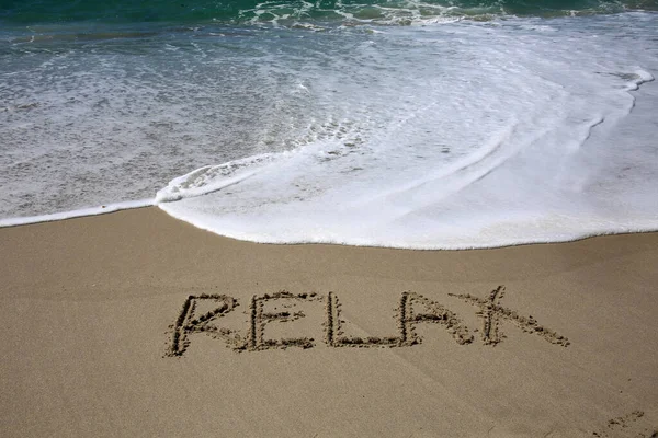Relax Written Sand Beach Message Handwritten Smooth Sand Beach — Stock fotografie