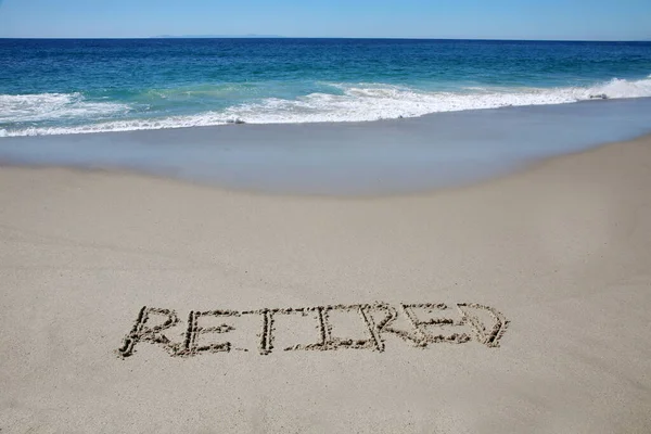 Retired Written Sand Beach Message Handwritten Smooth Sand Beach — Stock fotografie