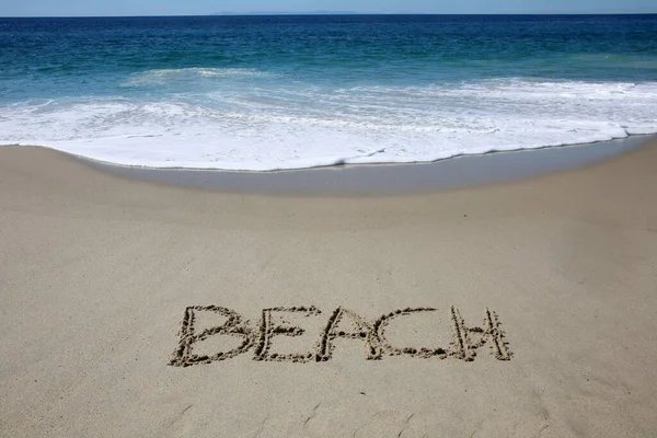 Beach Written Sand Beach Message Handwritten Smooth Sand Beach — Stockfoto