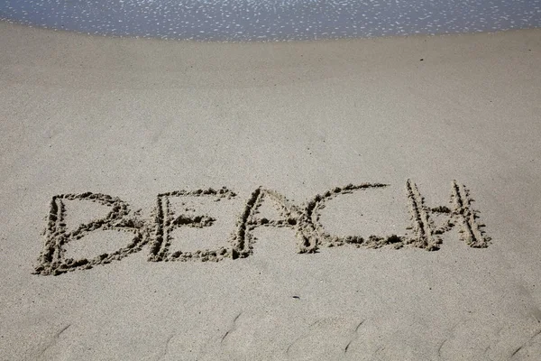 Beach Written Sand Beach Message Handwritten Smooth Sand Beach — Stok fotoğraf