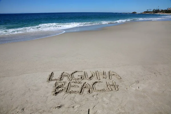 Laguna Beach Written Sand Beach Message Handwritten Smooth Sand Beach — Stock fotografie