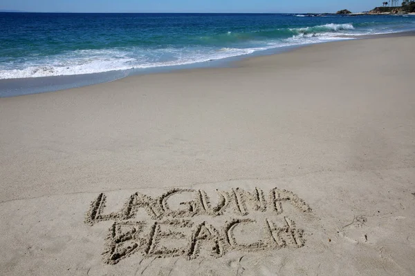Laguna Beach Written Sand Beach Message Handwritten Smooth Sand Beach — Zdjęcie stockowe