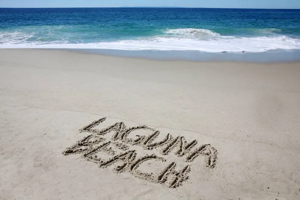 Laguna Beach Written Sand Beach Message Handwritten Smooth Sand Beach — Foto de Stock