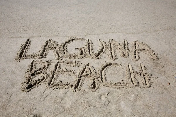 Laguna Beach Written Sand Beach Message Handwritten Smooth Sand Beach — Stok fotoğraf