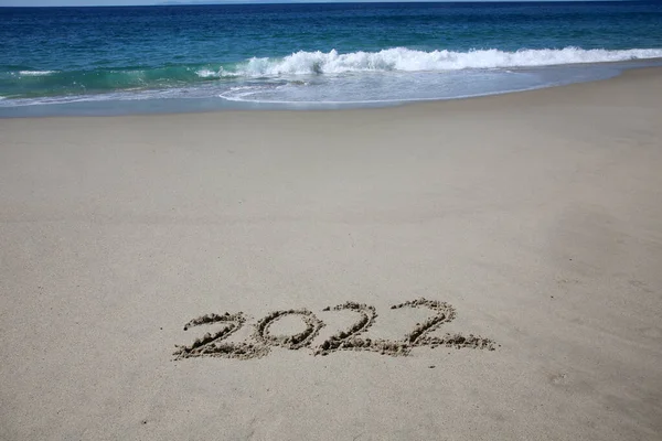 2022 Written Sand Beach Message Handwritten Smooth Sand Beach — Stok fotoğraf