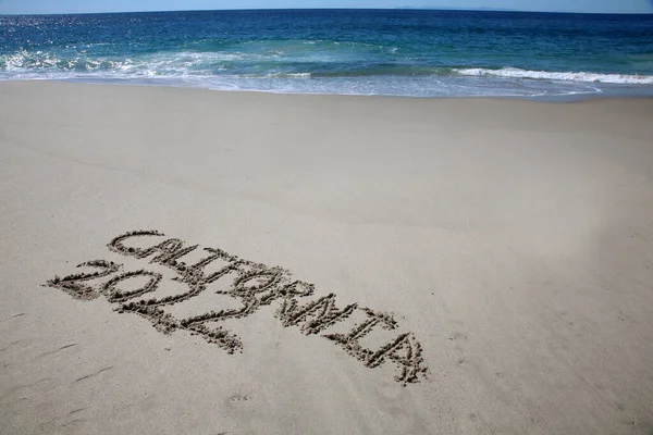 California Written Sand Beach Message Handwritten Smooth Sand Beach — Stockfoto