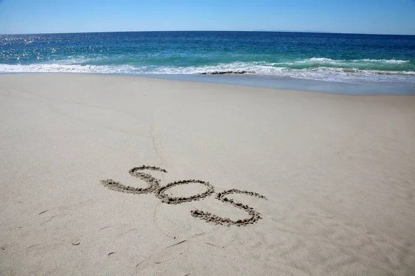Sos Written Sand Beach Message Handwritten Smooth Sand Beach — Fotografia de Stock