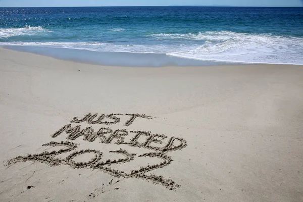 Jest Merried Written Sand Beach Message Handwritten Smooth Sand Beach — Fotografia de Stock