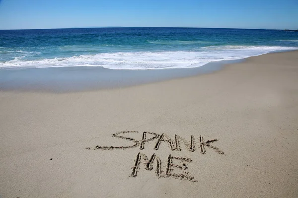 Spank Written Sand Beach Message Handwritten Smooth Sand Beach — Stok fotoğraf