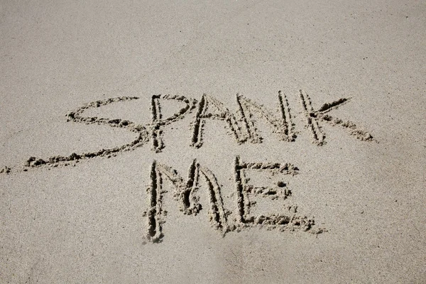 Spank Written Sand Beach Message Handwritten Smooth Sand Beach — Stockfoto