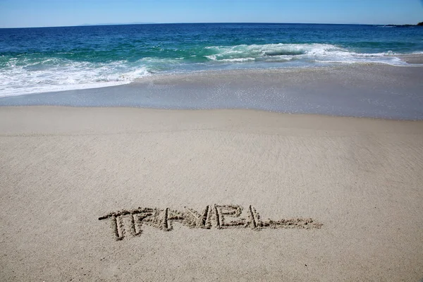Travel Written Sand Beach Message Handwritten Smooth Sand Beach — Fotografia de Stock