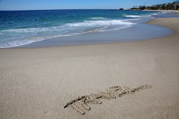 Travel Written Sand Beach Message Handwritten Smooth Sand Beach — Zdjęcie stockowe