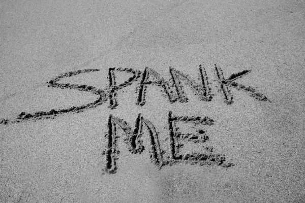 Spank Written Sand Beach Message Handwritten Smooth Sand Beach — Stockfoto