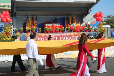 Westminster, California - USA - January 22, 2023: The Tet Parade to celebrate the Lunar New Year in Little Saigon. The Tet Parade features floats, marching bands, lion dances, color guards, and more.