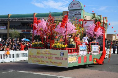 Westminster, California - USA - January 22, 2023: The Tet Parade to celebrate the Lunar New Year in Little Saigon. The Tet Parade features floats, marching bands, lion dances, color guards, and more.