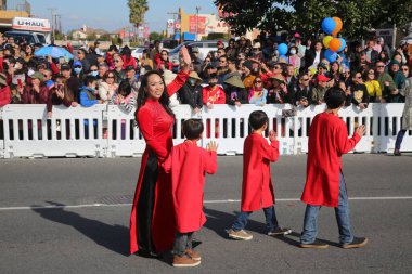 Westminster, California - USA - January 22, 2023: The Tet Parade to celebrate the Lunar New Year in Little Saigon. The Tet Parade features floats, marching bands, lion dances, color guards, and more.