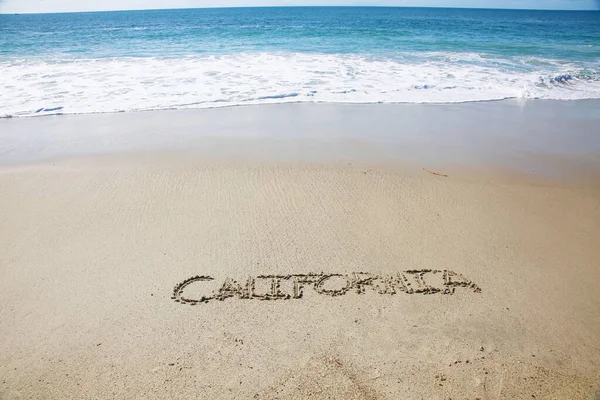 California Written Sand Beach Message Handwritten Smooth Sand Beach — Stok fotoğraf