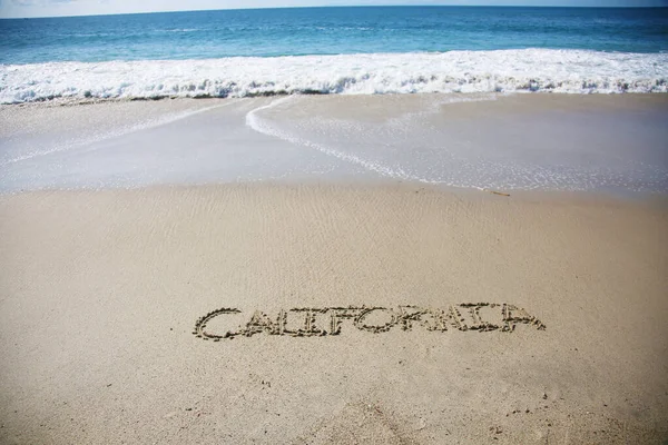 California Written Sand Beach Message Handwritten Smooth Sand Beach — Zdjęcie stockowe