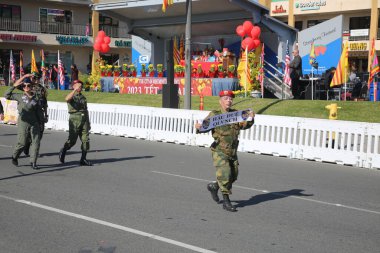 Westminster, California - USA - January 22, 2023: The Tet Parade to celebrate the Lunar New Year in Little Saigon. The Tet Parade features floats, marching bands, lion dances, color guards, and more.