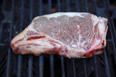 Steak. Beef Stake. Fresh raw beef steak. Raw Meat. Steak on the Barbecue. Barbecue grill. Grilling Meat on a BBQ grill. T-Bone steak. Cut of Beef. Grilled Meat. Porterhouse. Rib-eye. Top Sirloin.