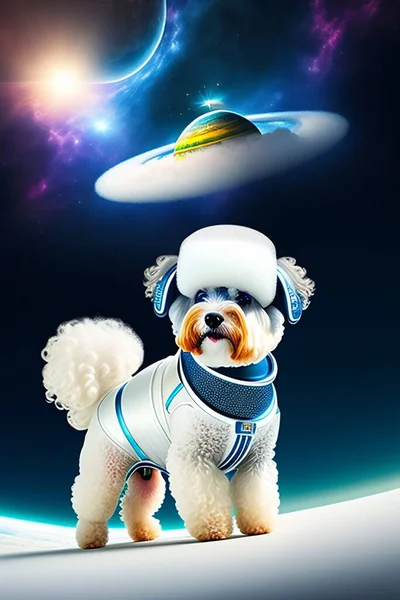 Space Dog. Bichon Frise Astronaut Dog in Outer Space. Dog goes into space in search of adventure. Bichon Frise Dog in Outer Space. A Space Bichon Frise Astronaut explores the Outer Limits of the Solar System. Space Dogs are Cool.