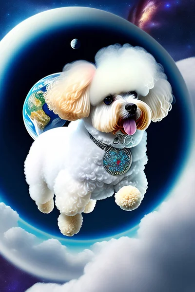 Space Dog Bichon Frise Astronauta Cão Espaço Exterior Cão Vai — Fotografia de Stock