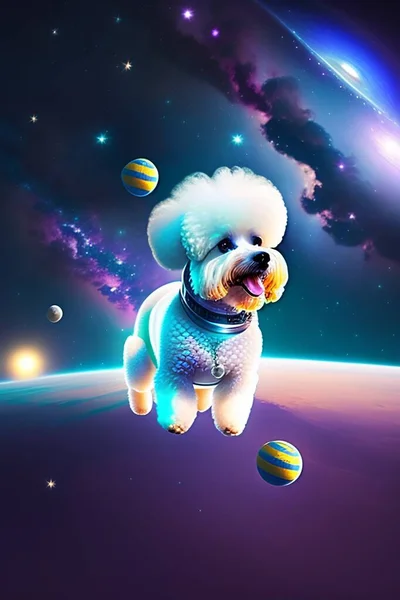Space Dog Bichon Frise Astronauta Cão Espaço Exterior Cão Vai — Fotografia de Stock
