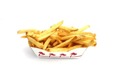 Lake Forest, California - ABD 25 Şubat 2023. In-N-Out Burgerleri. Patates kızartması. Patates kızartması In N Out kızartma konteynırında. Beyazda izole edilmiş. Mesaj için yer var. Kırpma Yolu. İnsanlar onları seviyor.