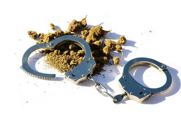 Marihuana Cannabis Marihuana Wet Wettelijk Cannabisgebruik Cannabis Handboeien Sheriffs Line — Stockfoto
