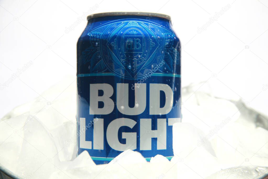 Lake Forest, California - USA - April 29, 2023: Bud Light. Aluminum can of Bud Light. A boycott was spurred by a sponsorship the company did with Dylan Mulvaney a transgender activist. Editorial.